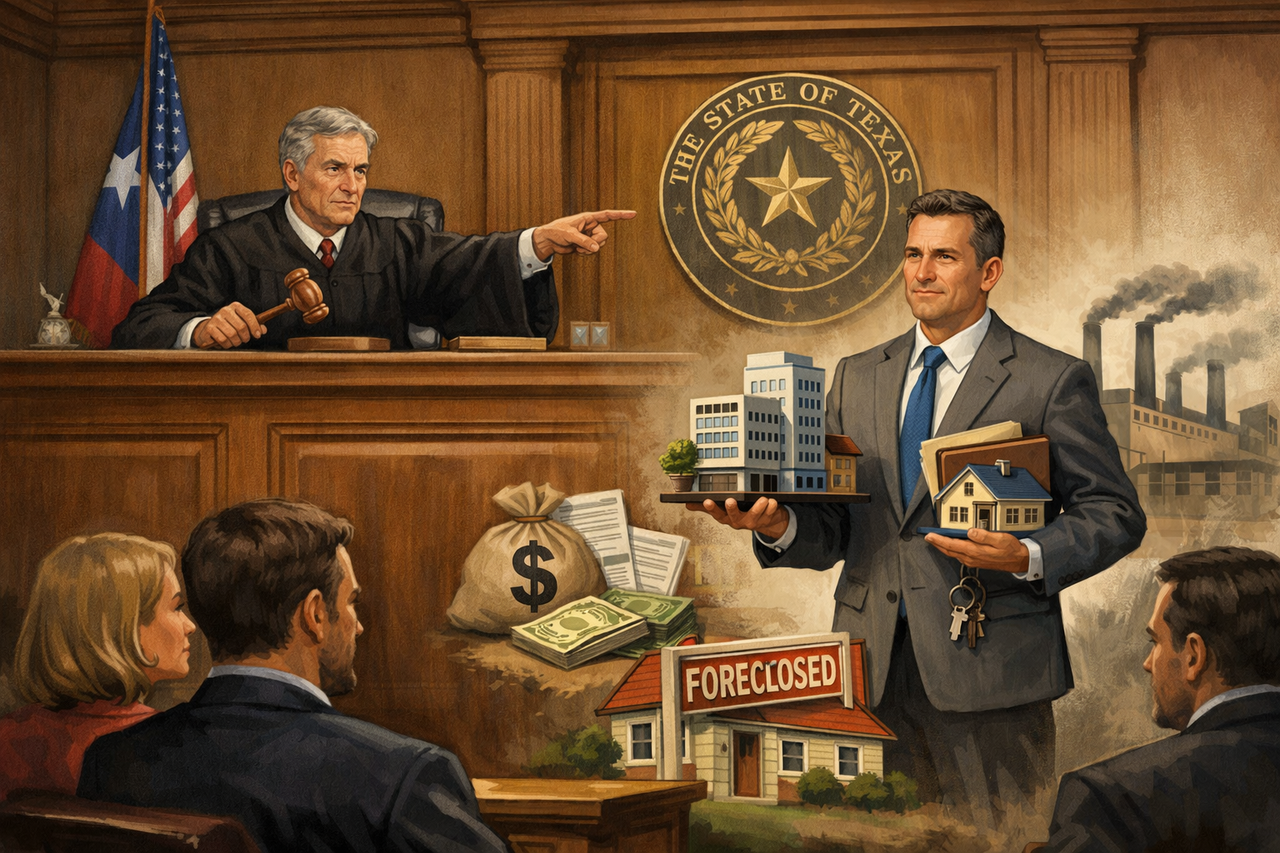 Illustration of a Texas courtroom where a judge appoints a court-appointed receiver to take control of business and real estate assets during a civil lawsuit, symbolizing receivership under Texas law and asset protection in litigation.