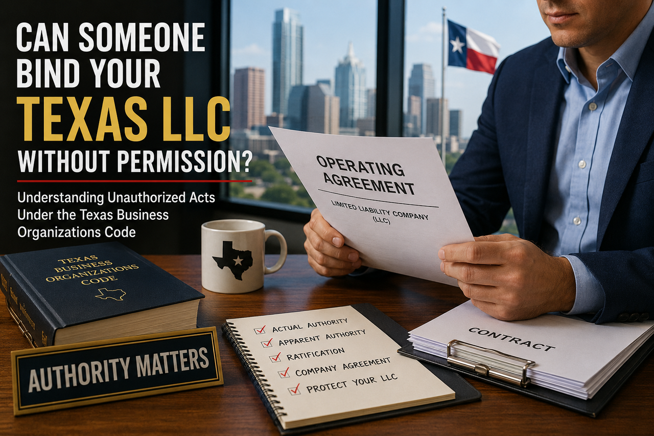 A business professional reviews an LLC operating agreement at a conference table overlooking a Texas city skyline. On the desk are legal documents, a contract, a copy of the Texas Business Organizations Code, and a checklist referencing actual authority, apparent authority, ratification, and company agreements. The image illustrates how unauthorized acts can affect a Texas LLC and emphasizes the importance of clearly defining management authority and corporate governance.
