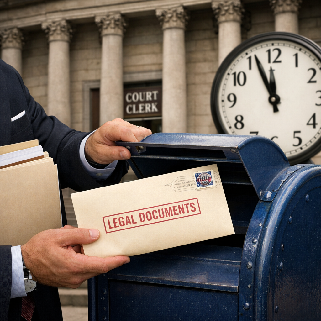 A lawyer preparing and mailing a stamped legal envelope before a court deadline, representing the Texas mailbox rule and timely filing under Texas civil procedure.