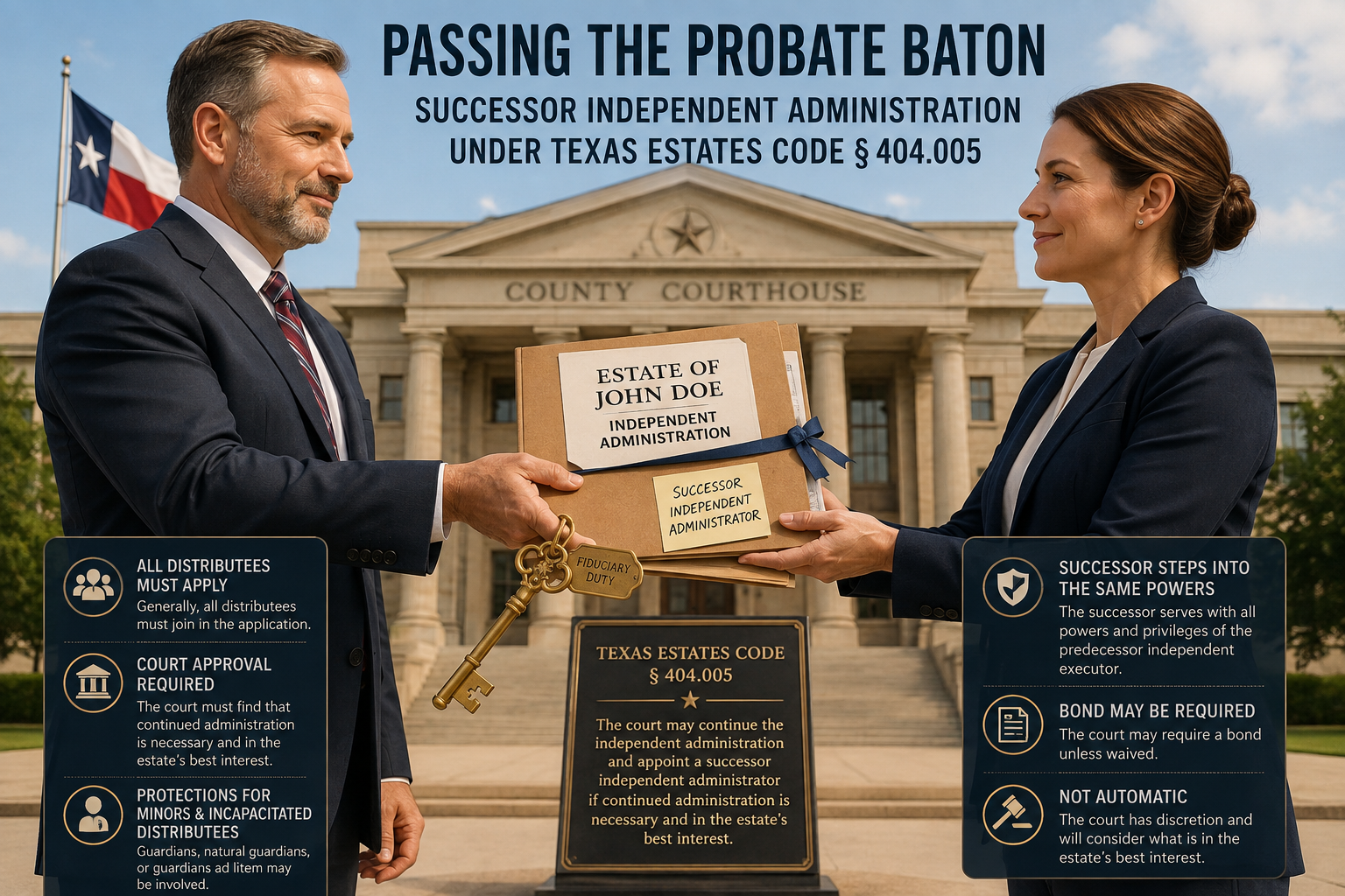 Texas probate illustration showing an estate file being passed to a successor independent administrator outside a county courthouse, explaining continuation of independent administration under Texas Estates Code § 404.005.