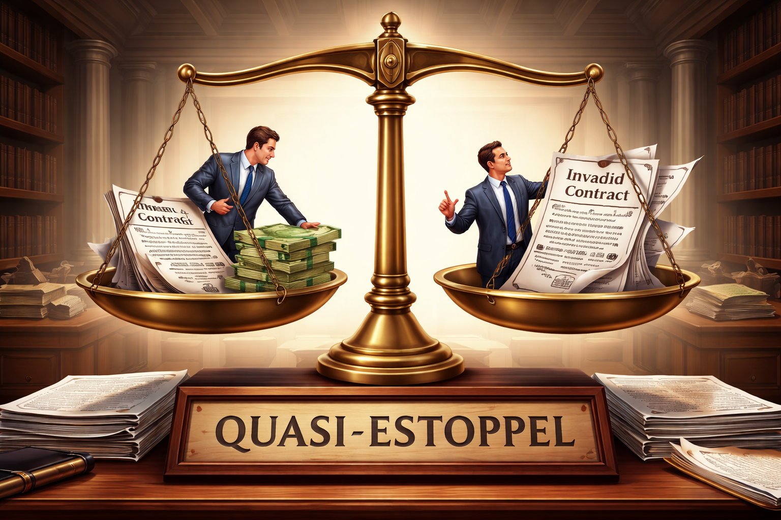Illustration of a courthouse scale of justice balancing two conflicting legal positions while a person attempts to accept benefits from a contract on one side and deny the agreement on the other, symbolizing the Texas doctrine of quasi-estoppel preventing inconsistent legal positions.