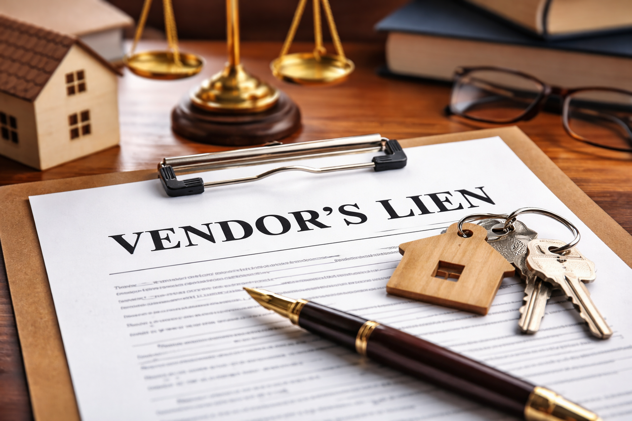 Close-up of a “Vendor’s Lien” legal document on a clipboard with a house-shaped keychain and keys resting on top, a fountain pen in the foreground, and scales of justice and law books in the background, symbolizing seller financing and real estate security interests under Texas law.