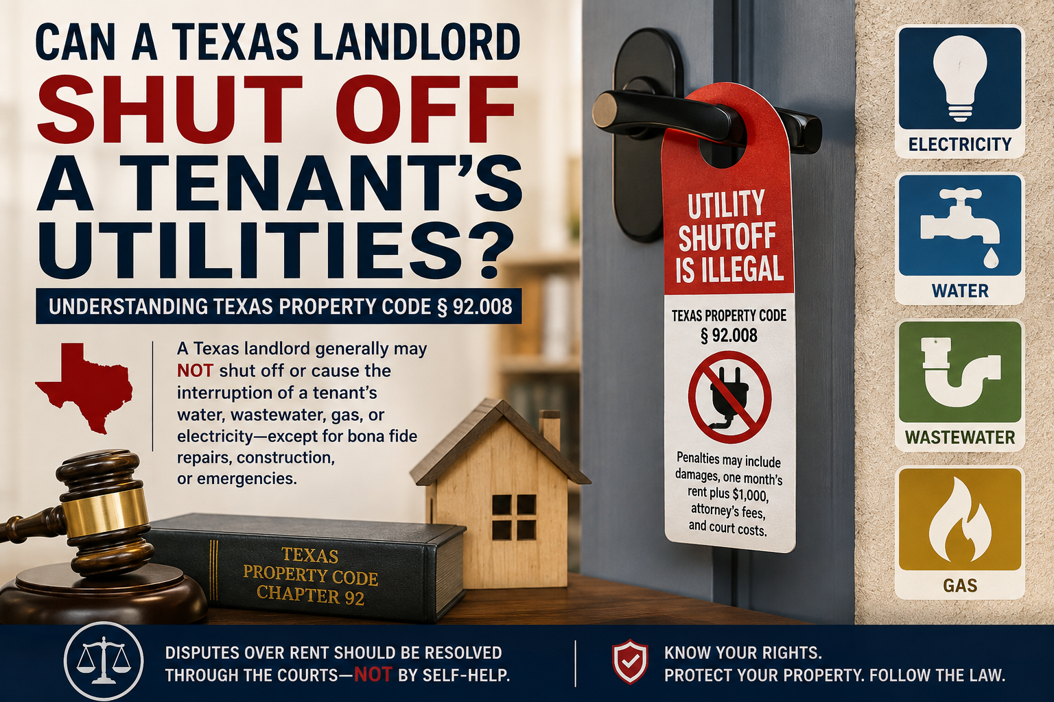 Texas landlord-tenant law infographic showing a rental home, gavel, Texas Property Code book, utility shutoff notice, and electricity, water, wastewater, and gas symbols explaining restrictions on landlord utility shutoffs under Texas Property Code § 92.008.