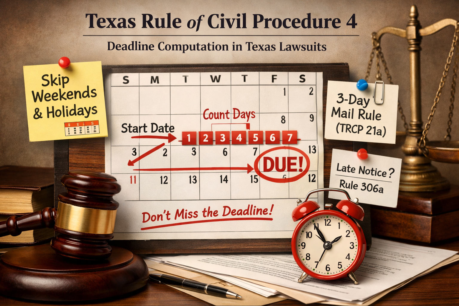 Courtroom calendar with marked legal deadlines illustrating Texas Rule of Civil Procedure time computation rules