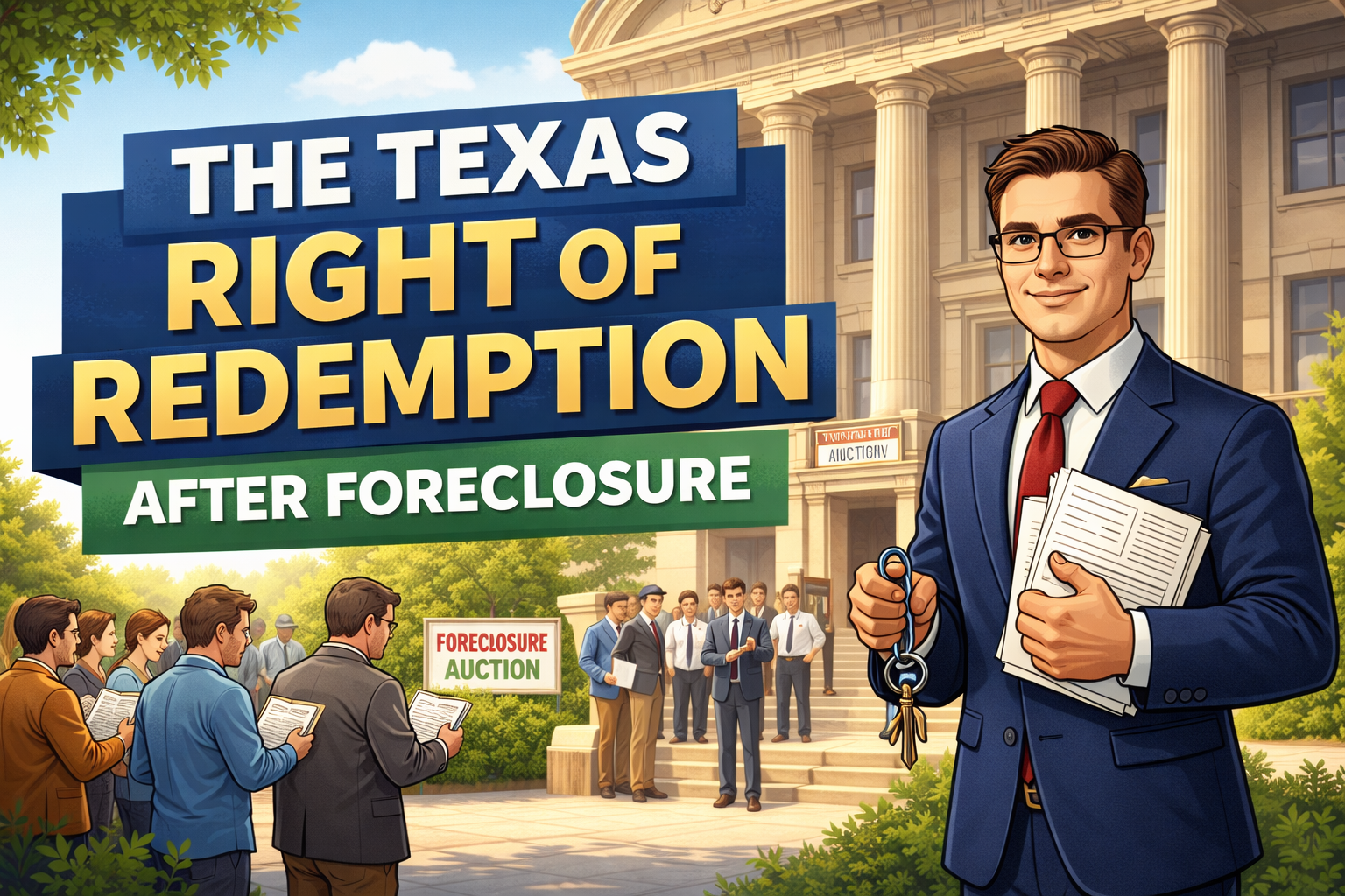 Texas county courthouse steps during a property tax foreclosure auction with bidders and real estate investors reviewing documents, representing the legal process of post-foreclosure redemption under Texas law.