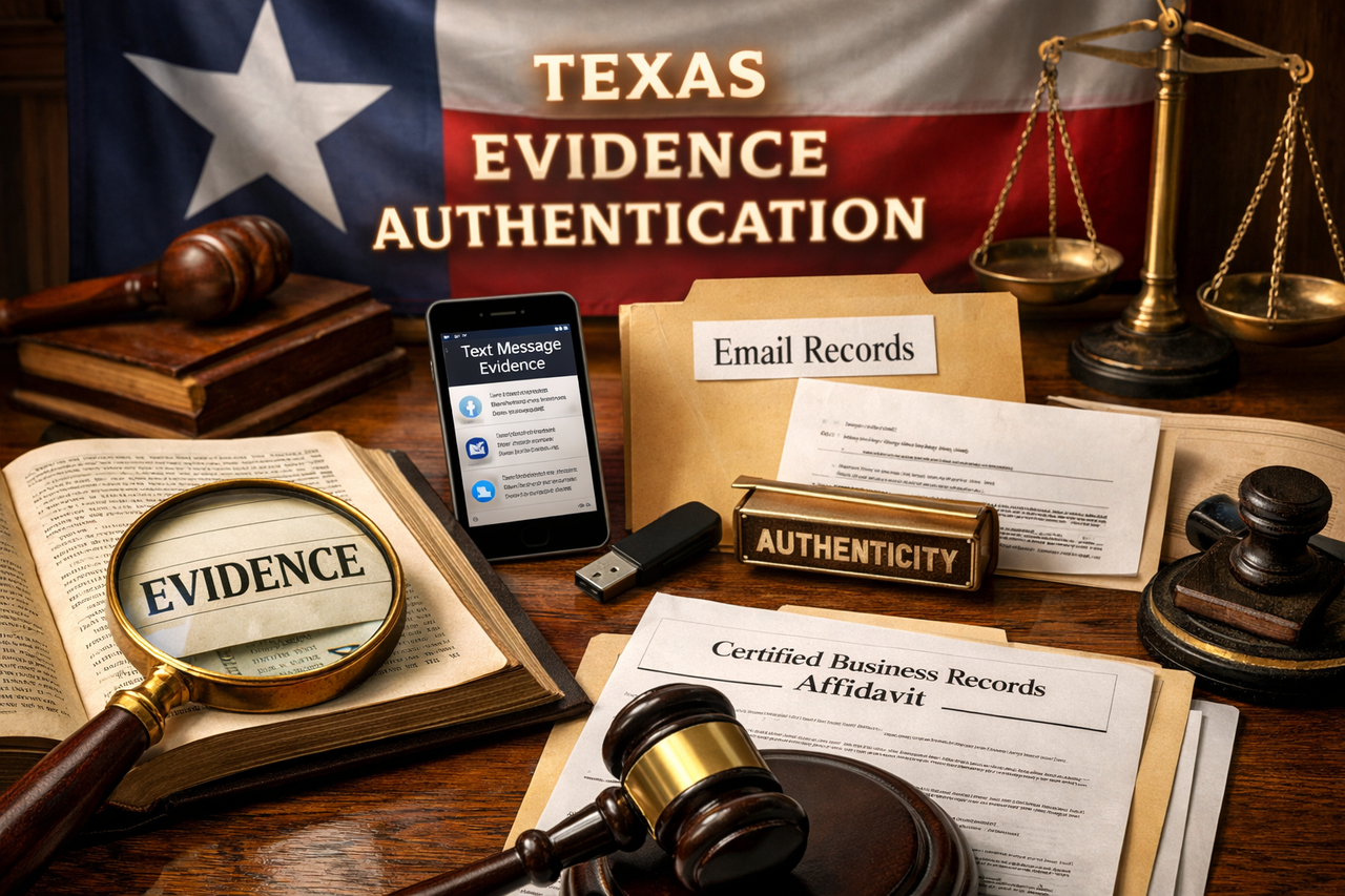 Photograph of legal evidence authentication concept in Texas, featuring a law book with magnifying glass over the word “evidence,” a smartphone displaying text messages, a folder labeled email records, a USB drive, certified business records affidavit, gavel, and scales of justice set against a Texas flag backdrop.