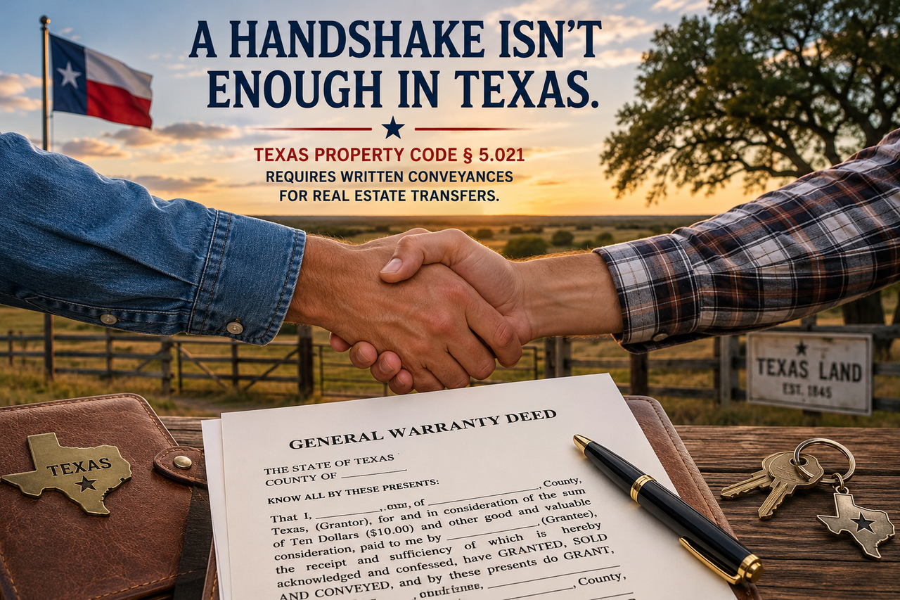 A Texas ranch at sunset with two people shaking hands over a signed general warranty deed resting on a wooden table, alongside a pen, keys, and Texas-themed accessories. Large text reads, "A Handshake Isn't Enough in Texas," emphasizing that Texas Property Code § 5.021 generally requires real estate conveyances to be in writing before ownership can legally be transferred.