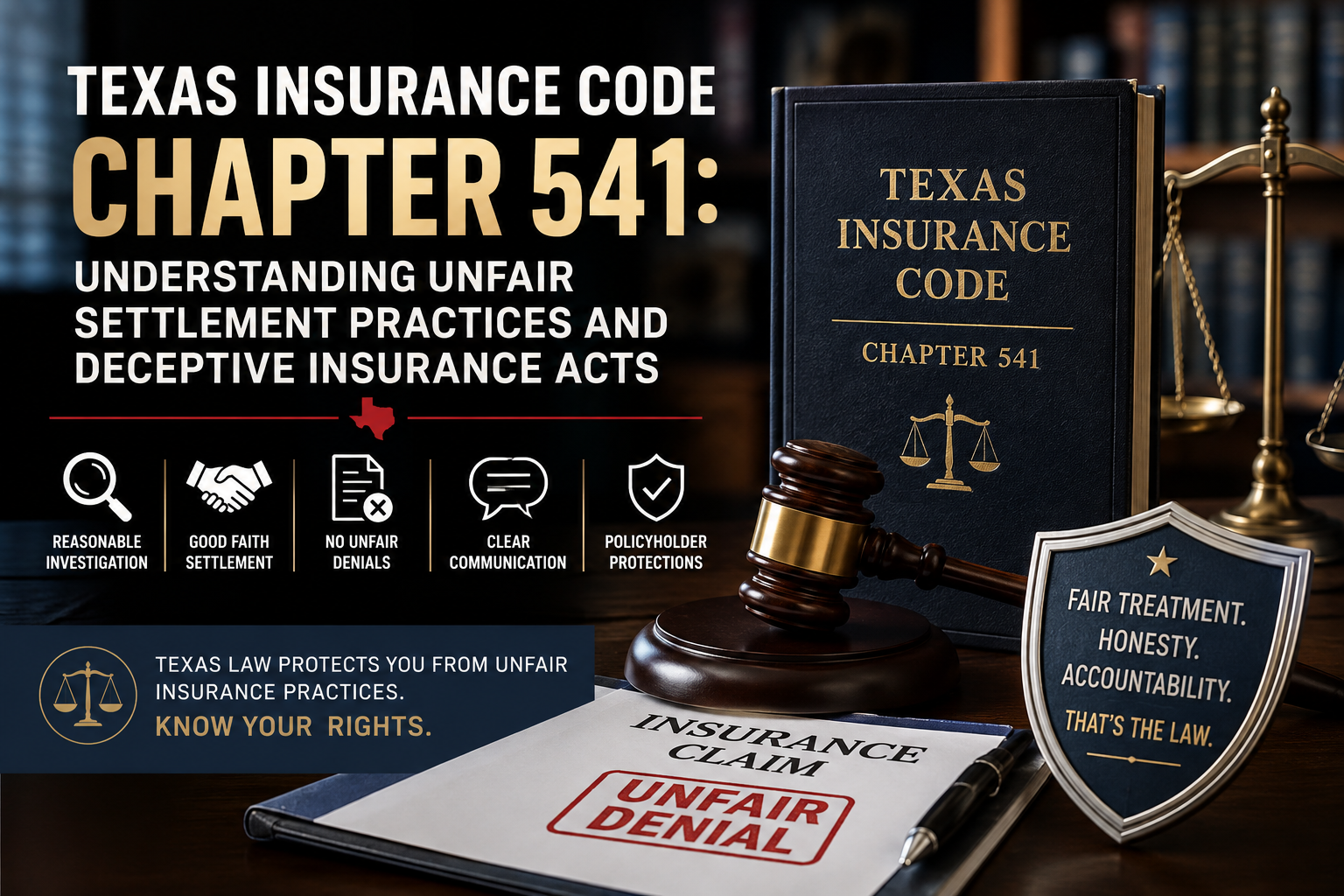 A professional legal-themed illustration promoting Texas Insurance Code Chapter 541. A large law book labeled "Texas Insurance Code Chapter 541" stands beside a judge's gavel and the scales of justice on a polished wooden desk. An insurance claim file stamped "Unfair Denial" sits in the foreground next to a pen and a shield symbolizing policyholder protection.