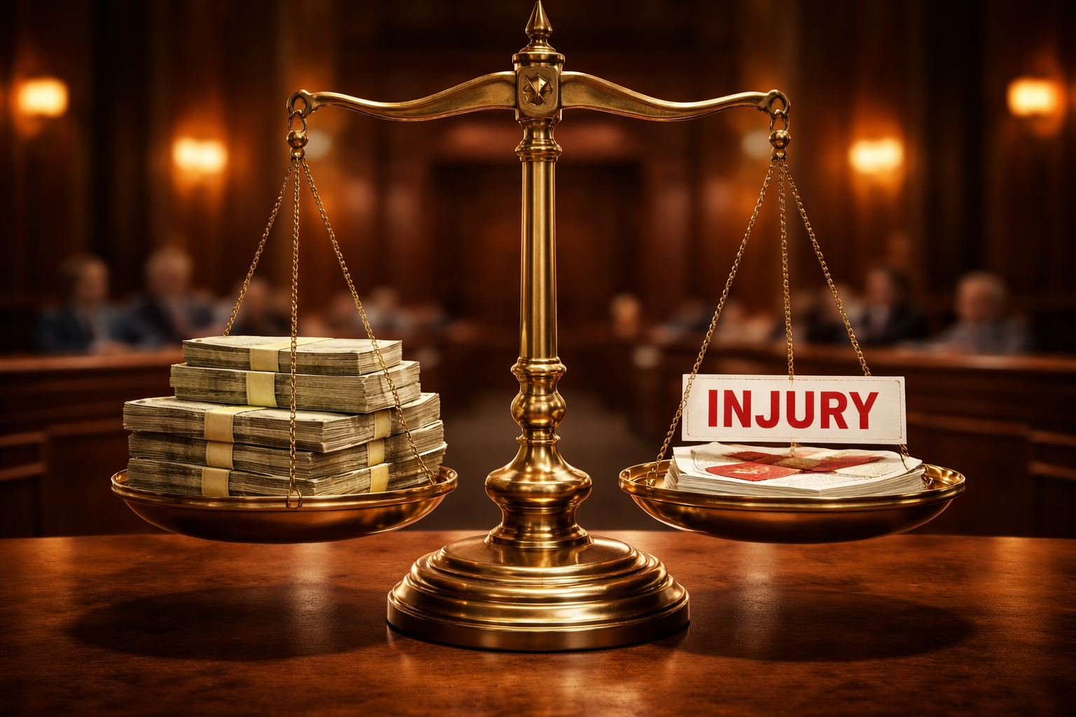 Scales of justice balancing money against a single injury, representing the Texas one satisfaction rule limiting double recovery