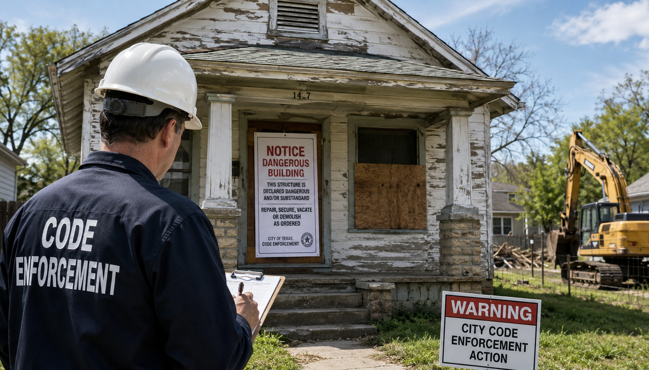 Municipal code enforcement officer inspecting a deteriorated Texas home marked with a dangerous building notice before potential repair or demolition under Texas Local Government Code Chapter 214.