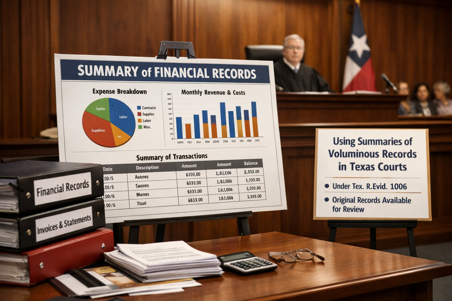Courtroom scene showing a legal summary exhibit under Texas Rule of Evidence 1006, featuring charts and financial data displayed on a board alongside stacks of documents and a judge in the background.