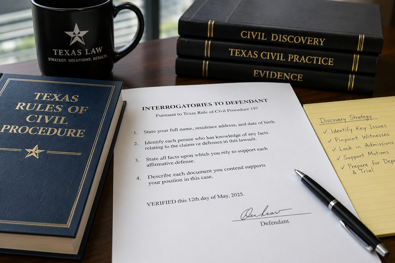 Texas Rule of Civil Procedure 197 interrogatories displayed on a law office desk with the Texas Rules of Civil Procedure, legal books, and litigation documents, illustrating written discovery and interrogatory practice in Texas civil litigation.