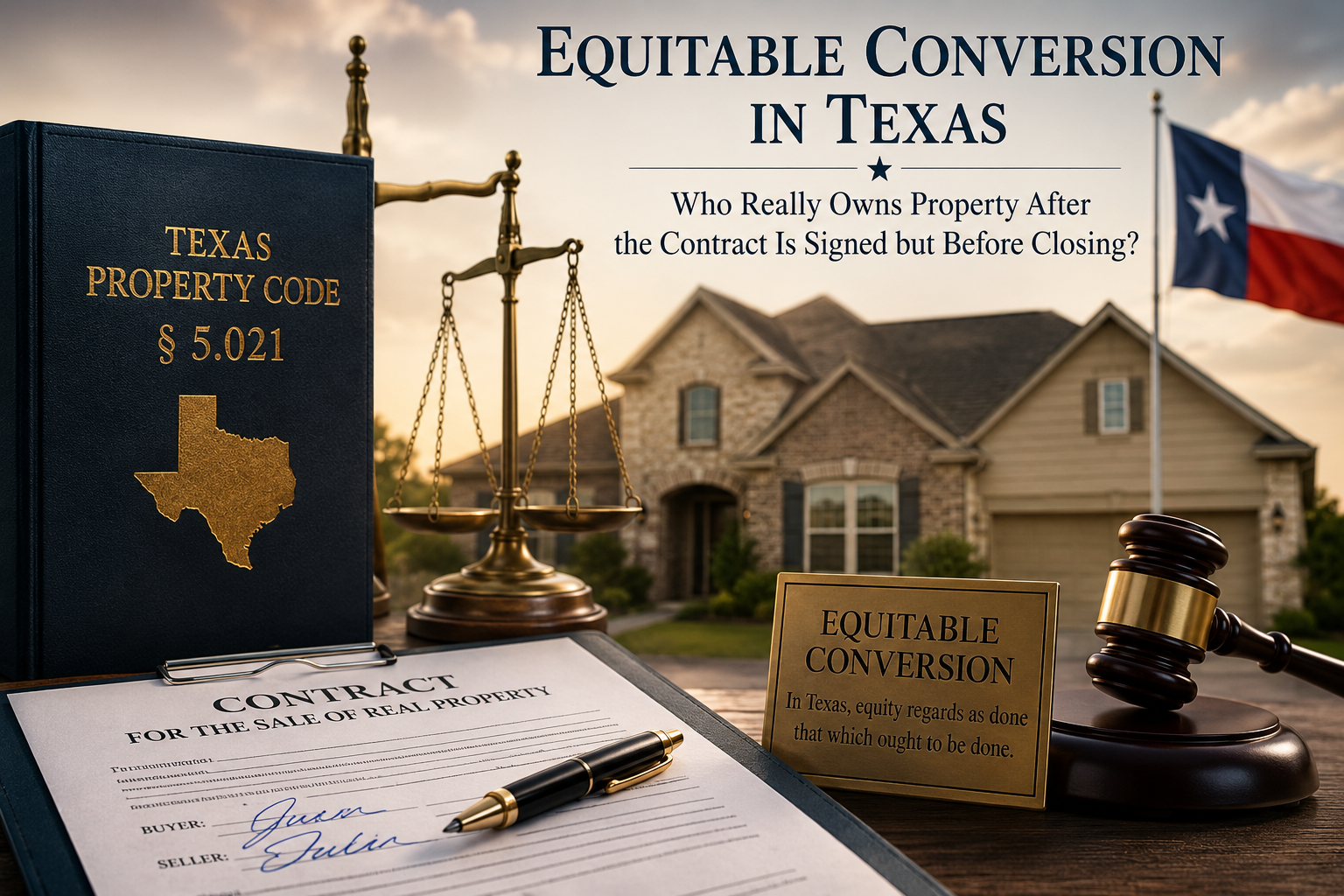 Texas equitable conversion illustration showing a real estate contract, scales of justice, Texas Property Code, and a home representing property rights before closing.