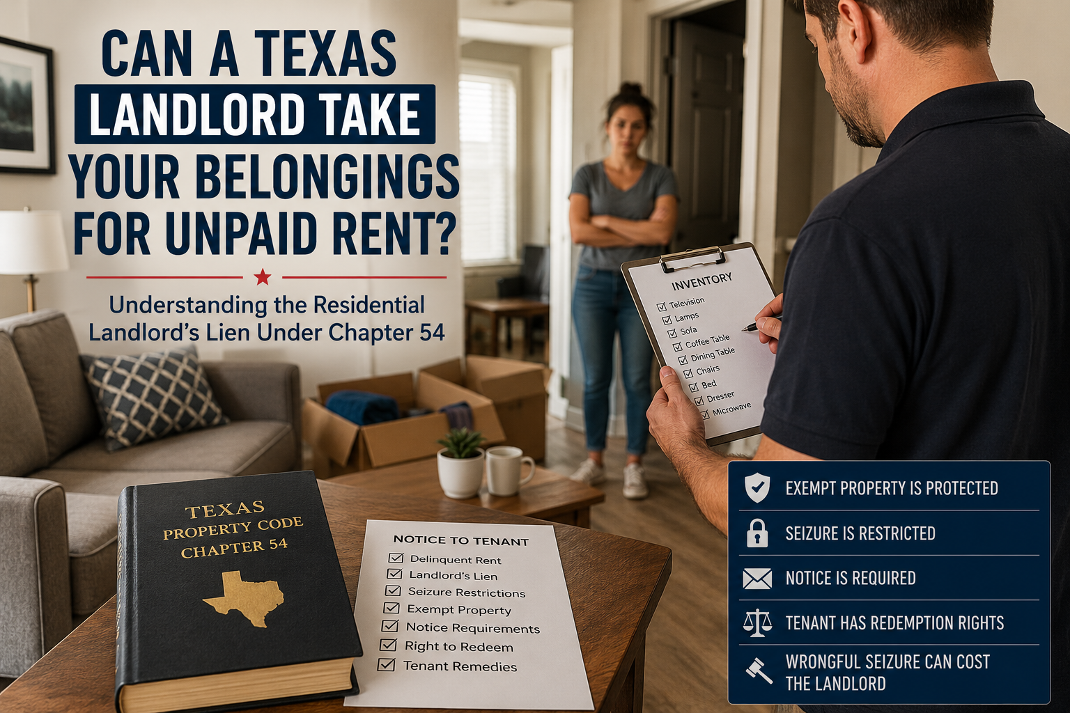 Texas residential landlord reviewing an inventory of a tenant’s belongings for unpaid rent, illustrating landlord lien rules under Texas Property Code Chapter 54, including exempt property, seizure restrictions, notice requirements, redemption rights, and tenant protections.