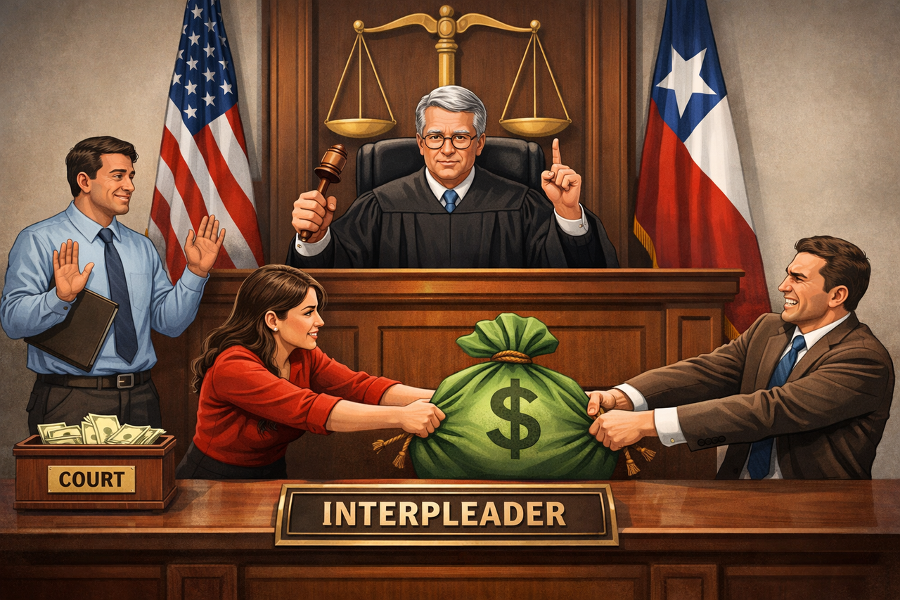 Illustration of a Texas courtroom where a judge oversees two claimants pulling on a bag of money while a neutral stakeholder steps aside, representing an interpleader lawsuit used to resolve competing claims to disputed funds.