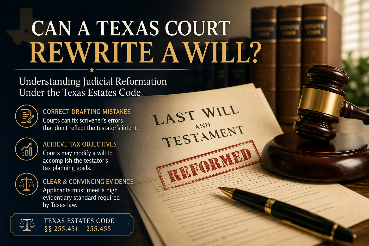 Legal illustration depicting judicial reformation of wills in Texas, featuring a Last Will and Testament marked 'Reformed,' a judge's gavel, and Texas Estates Code references. The image represents Texas probate litigation, scrivener's errors, estate planning mistakes, and court-approved modifications of testamentary documents.