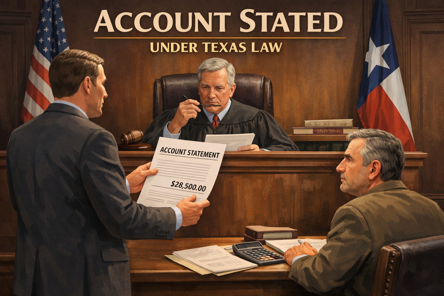 Legal illustration of a business invoice dispute in Texas court, showing a creditor presenting an account statement as proof of debt under the account stated doctrine.