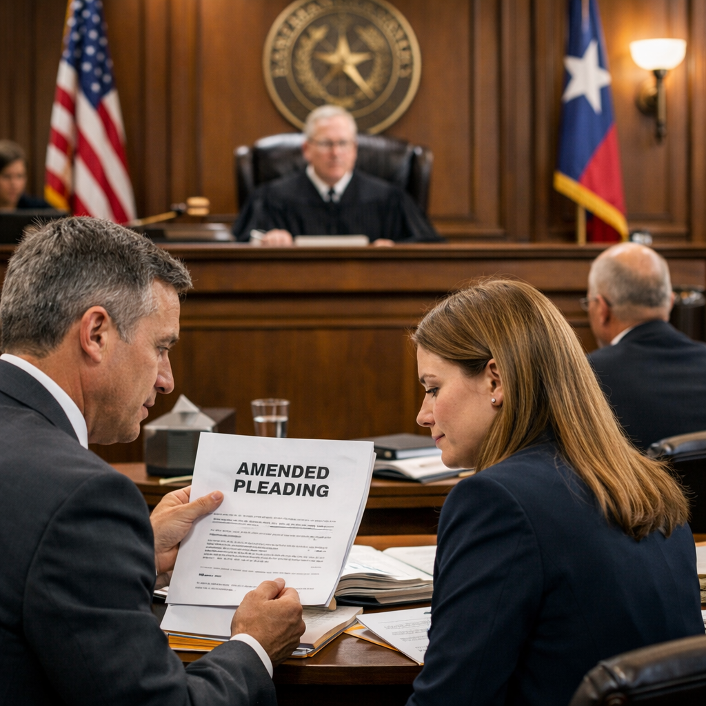 A Texas courtroom scene showing attorneys reviewing amended legal pleadings at counsel table while a judge presides, illustrating litigation strategy and procedural rules under the Texas Rules of Civil Procedure.