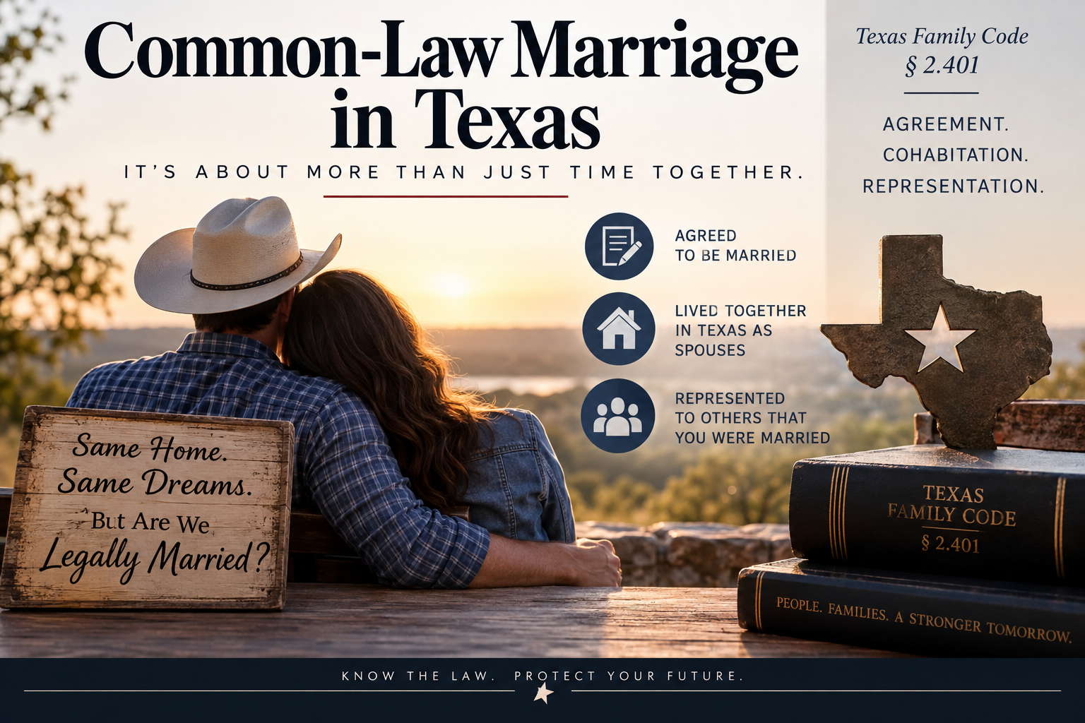 Common-law marriage in Texas infographic explaining the requirements under Texas Family Code § 2.401: agreement to be married, living together in Texas as spouses, and representing to others that the couple is married.