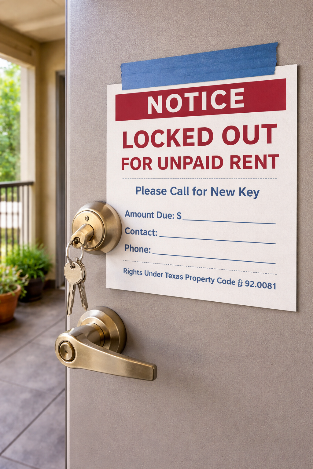 Residential rental property door with changed lock and legal paperwork posted, illustrating Texas landlord lockout law under Property Code § 92.0081.