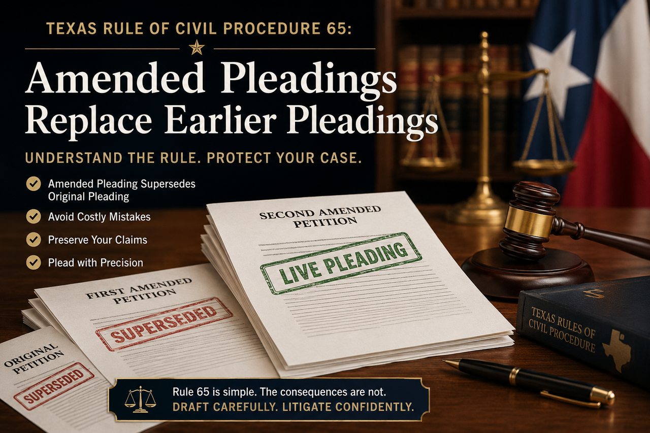 Texas Rule of Civil Procedure 65 infographic depicting original and amended petitions, illustrating how amended pleadings replace prior pleadings in Texas civil lawsuits, with a gavel, law books, and the Texas flag in the background.