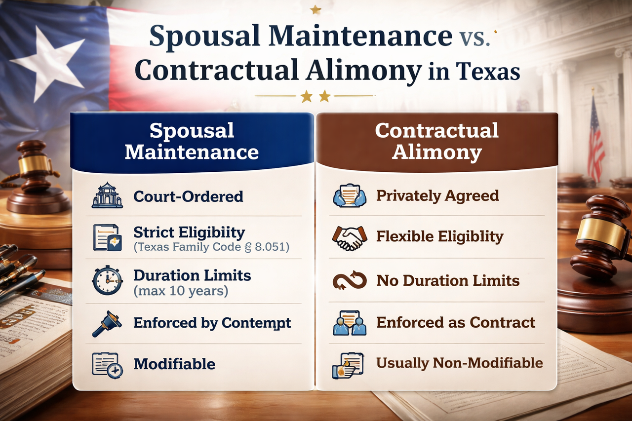 Texas divorce courtroom illustrating differences between spousal maintenance and contractual alimony under Texas law