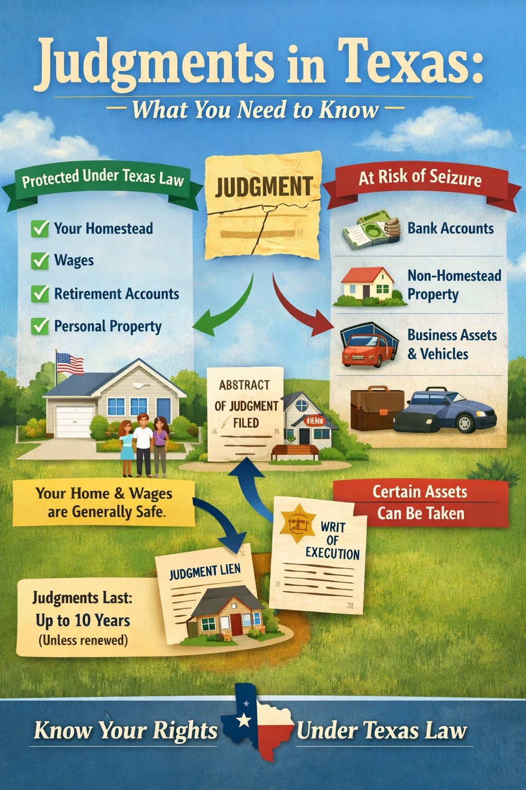Texas homestead exemption illustration showing protected property and judgment enforcement limits under Texas law.
