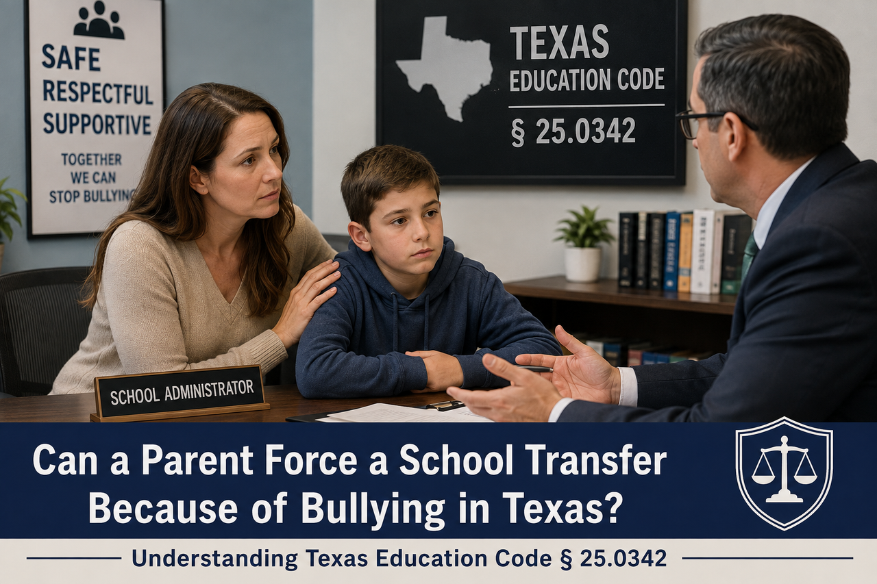 Concerned Texas parent and child meeting with a school administrator about a bullying-related school transfer under Texas Education Code § 25.0342.