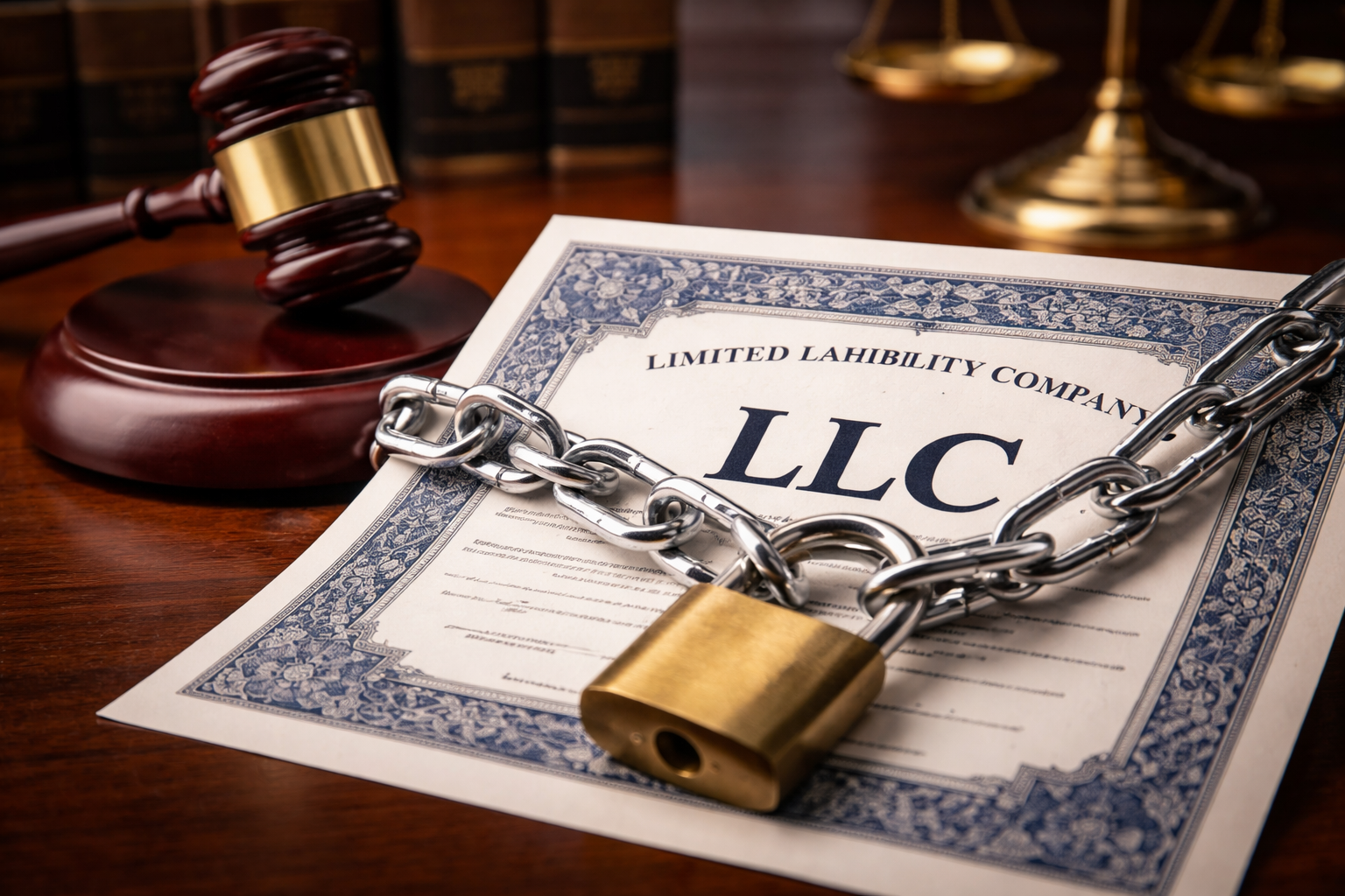 Close-up of an LLC certificate secured with a chain and padlock on a wooden desk beside a judge’s gavel, symbolizing charging orders and creditor liens against Texas LLC membership interests.