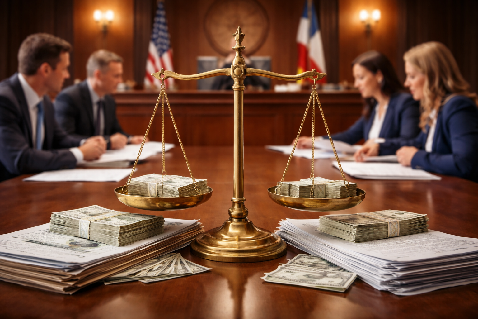 A courtroom scene showing two opposing parties at counsel table with a scale of justice in the center balancing competing financial claims, symbolizing the legal doctrines of offset and recoupment in Texas litigation.