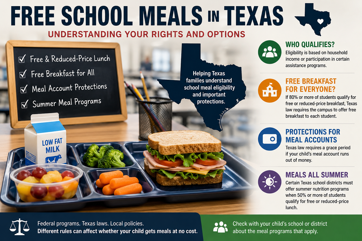 Texas free school meals infographic featuring a school lunch tray and information about free and reduced-price lunch eligibility, free breakfast requirements, meal account protections, and summer meal programs.