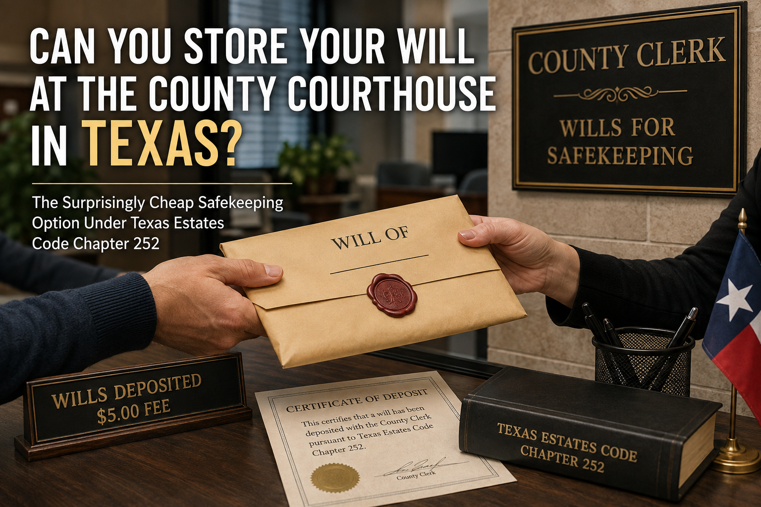 Texas county clerk’s office showing a sealed original will being deposited for safekeeping, illustrating the $5 will-deposit option under Texas Estates Code Chapter 252.