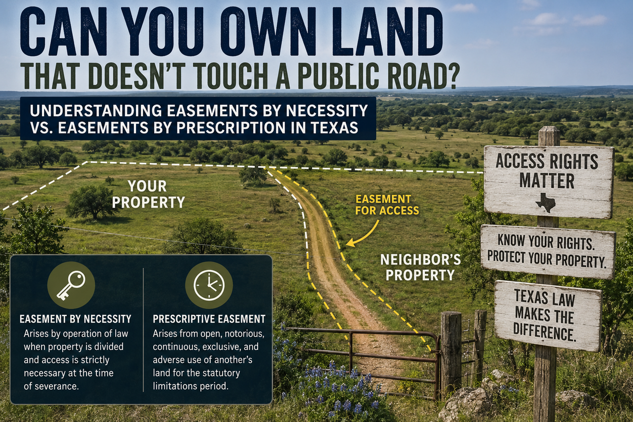 Infographic showing a rural Texas property with a dirt access road crossing neighboring land, illustrating the legal concepts of easements by necessity and prescriptive easements. The image compares different types of property access rights under Texas law and highlights the importance of legal access for landowners, buyers, and heirs.