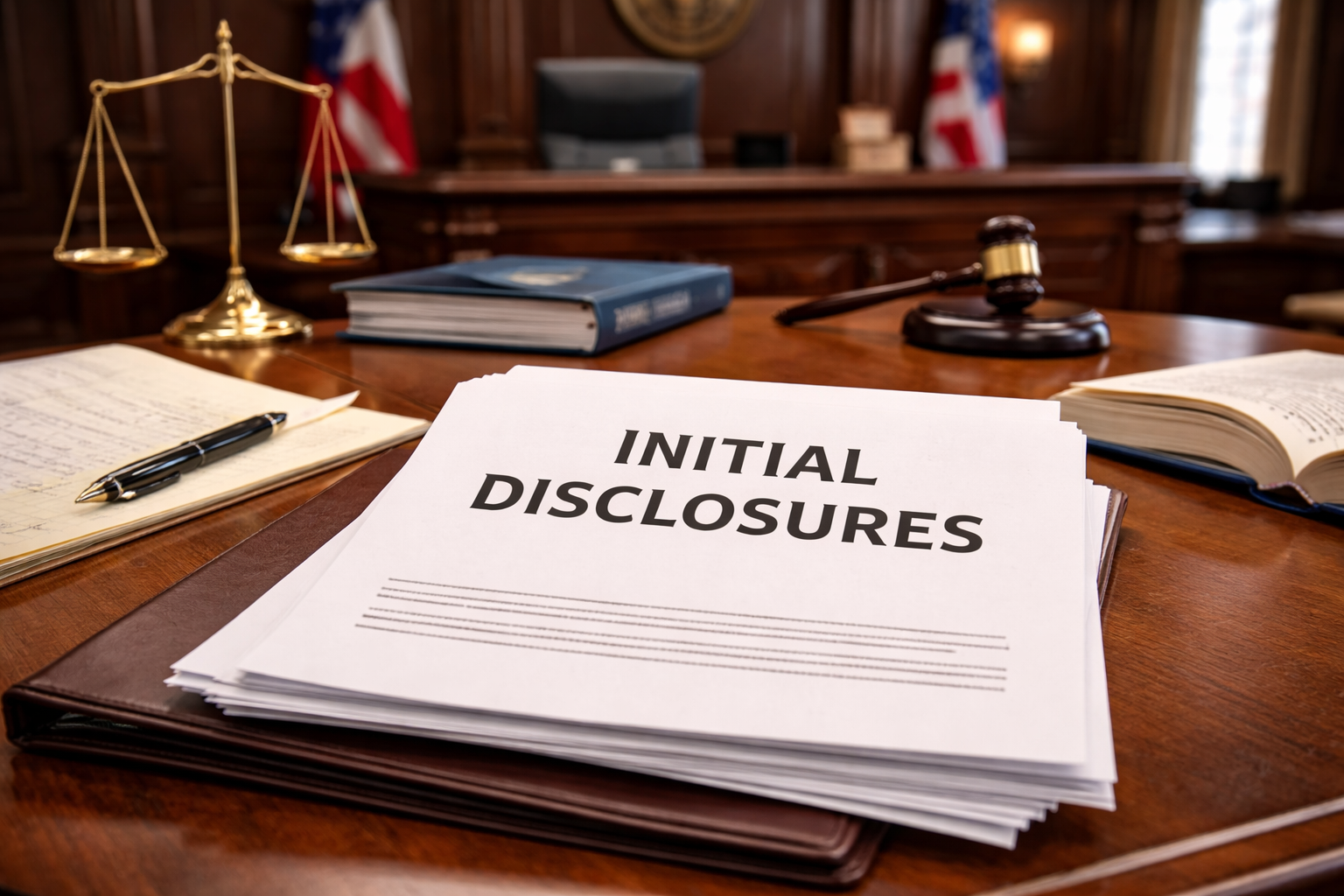 Texas courtroom with legal documents labeled ‘Initial Disclosures’ spread across a counsel table, symbolizing early-stage litigation strategy under Texas Rule of Civil Procedure 194.