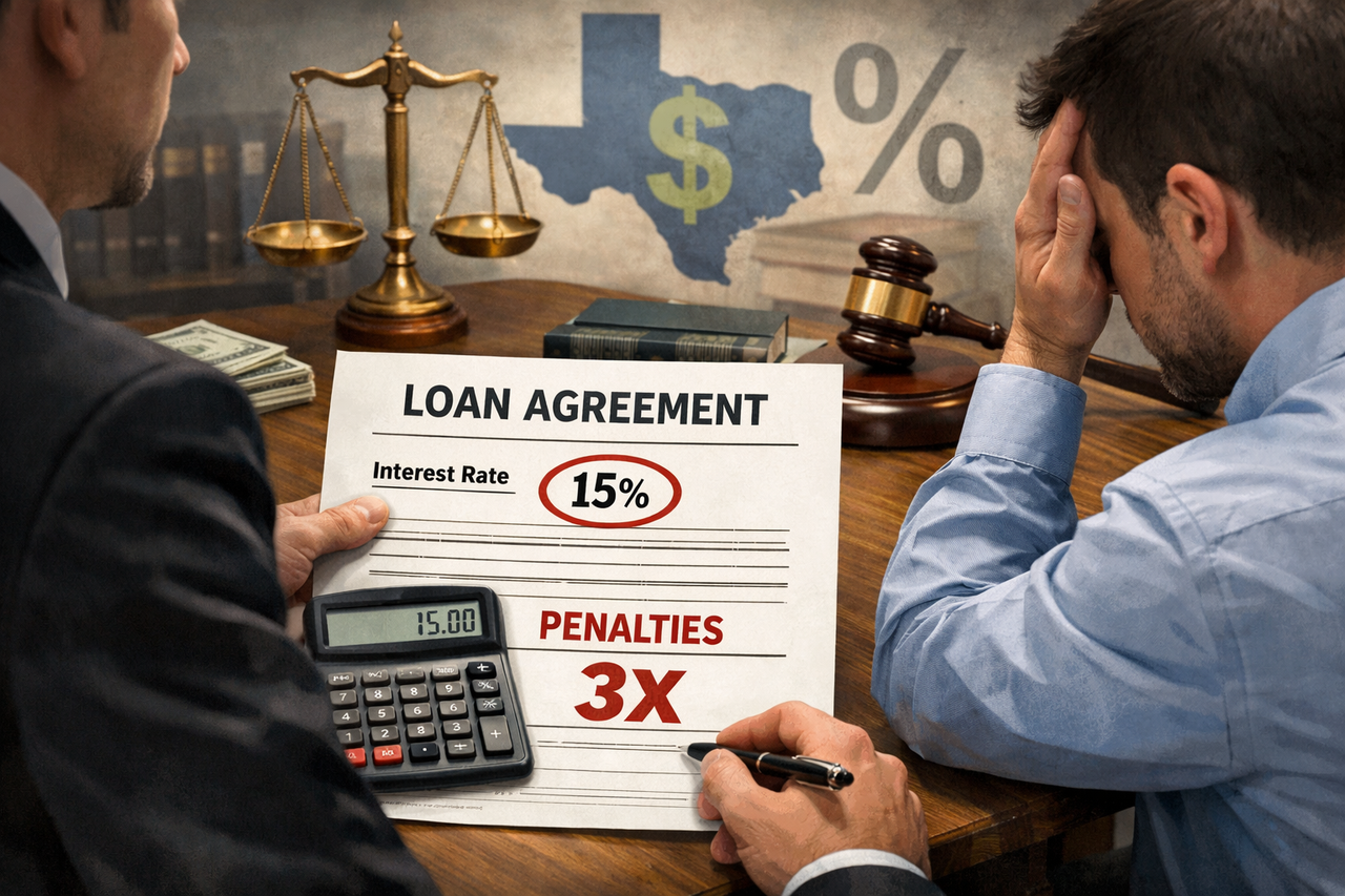 Illustration of a lender and borrower reviewing a loan agreement with interest calculations, symbolizing Texas usury law and legal limits on interest rates under the Texas Finance Code.