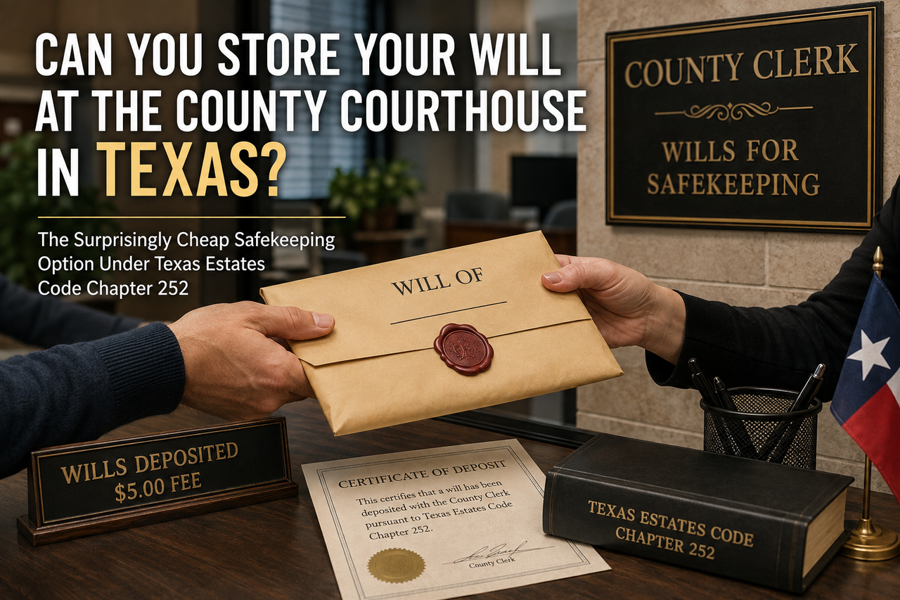 Texas county clerk’s office showing a sealed original will being deposited for safekeeping, illustrating the $5 will-deposit option under Texas Estates Code Chapter 252.