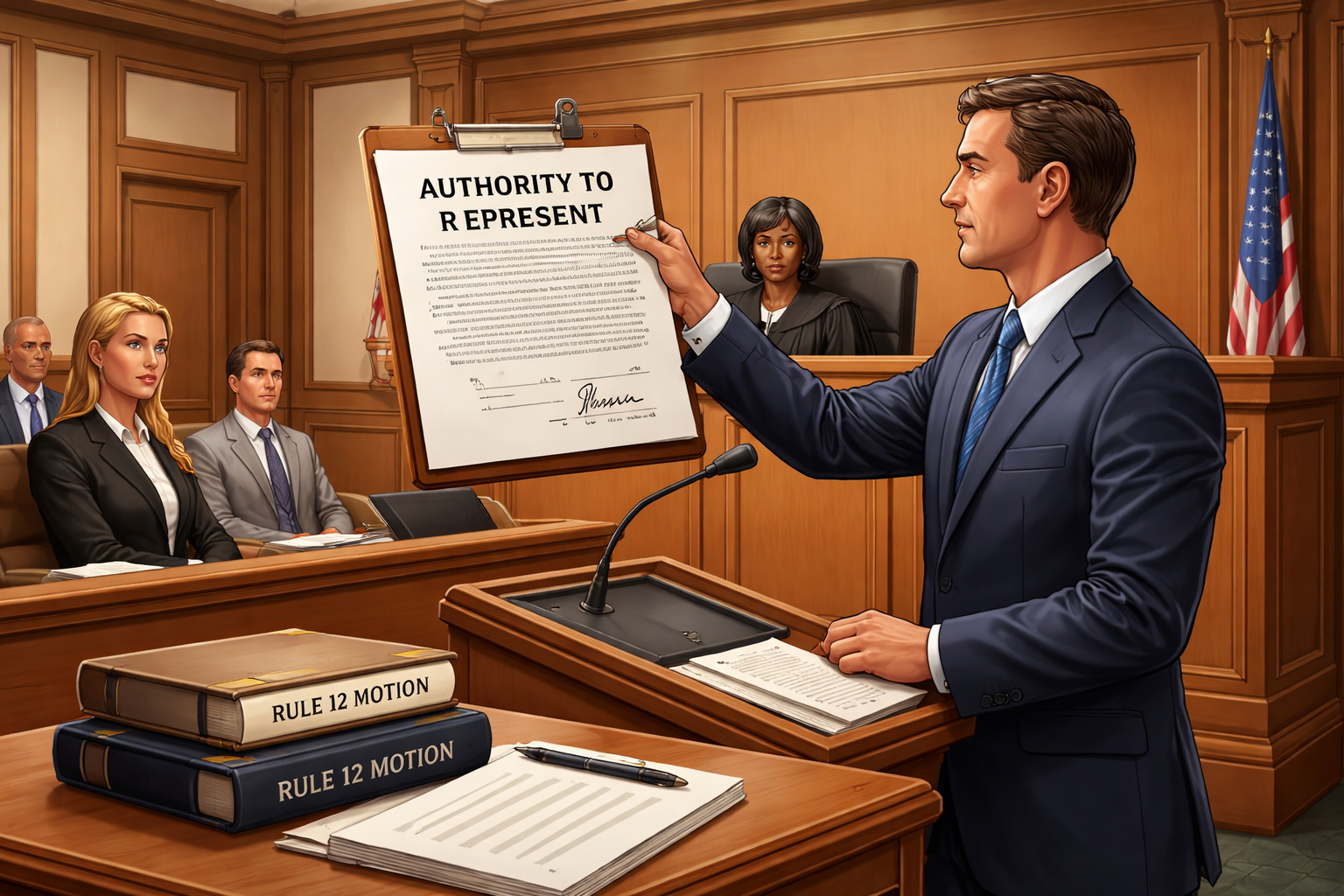 Attorney presenting written proof of authority to represent a client during a Texas Rule 12 motion hearing in a courtroom while a judge reviews the document from the bench.