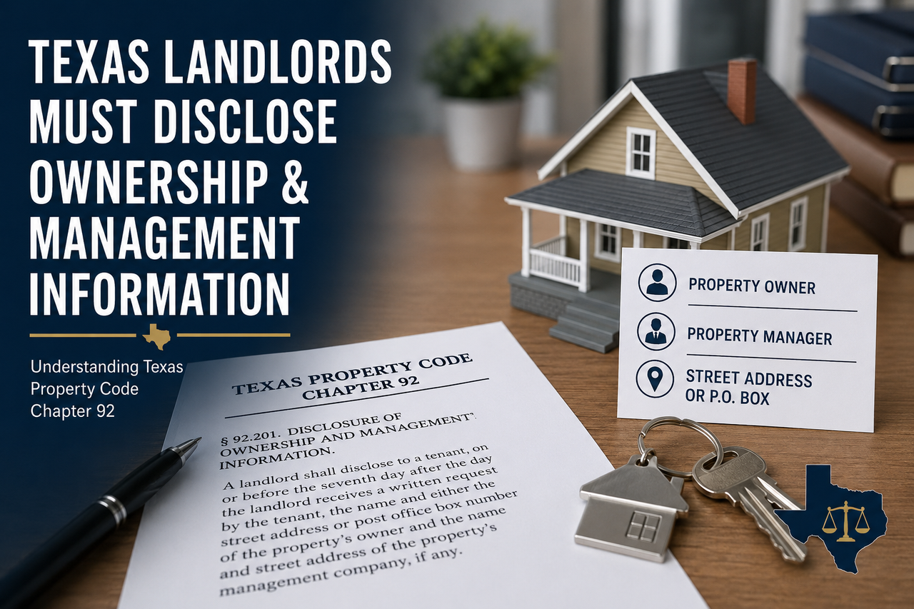 Professional legal-themed graphic illustrating Texas landlord disclosure requirements under Texas Property Code Chapter 92. The image features a model house, house keys, and a document labeled "Texas Property Code Chapter 92" beside a property information card listing the owner, property manager, and address.