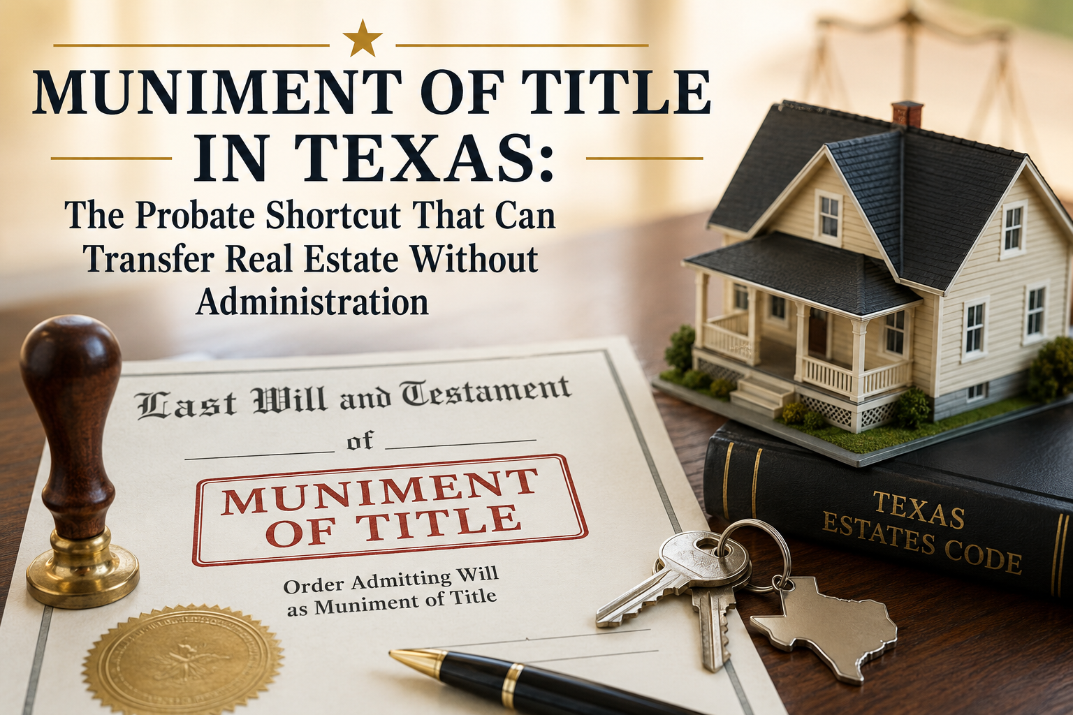 Texas Muniment of Title legal illustration showing inherited real estate transfer without full probate administration, featuring a house model, Texas Estates Code book, probate documents, notary seal, and property keys.