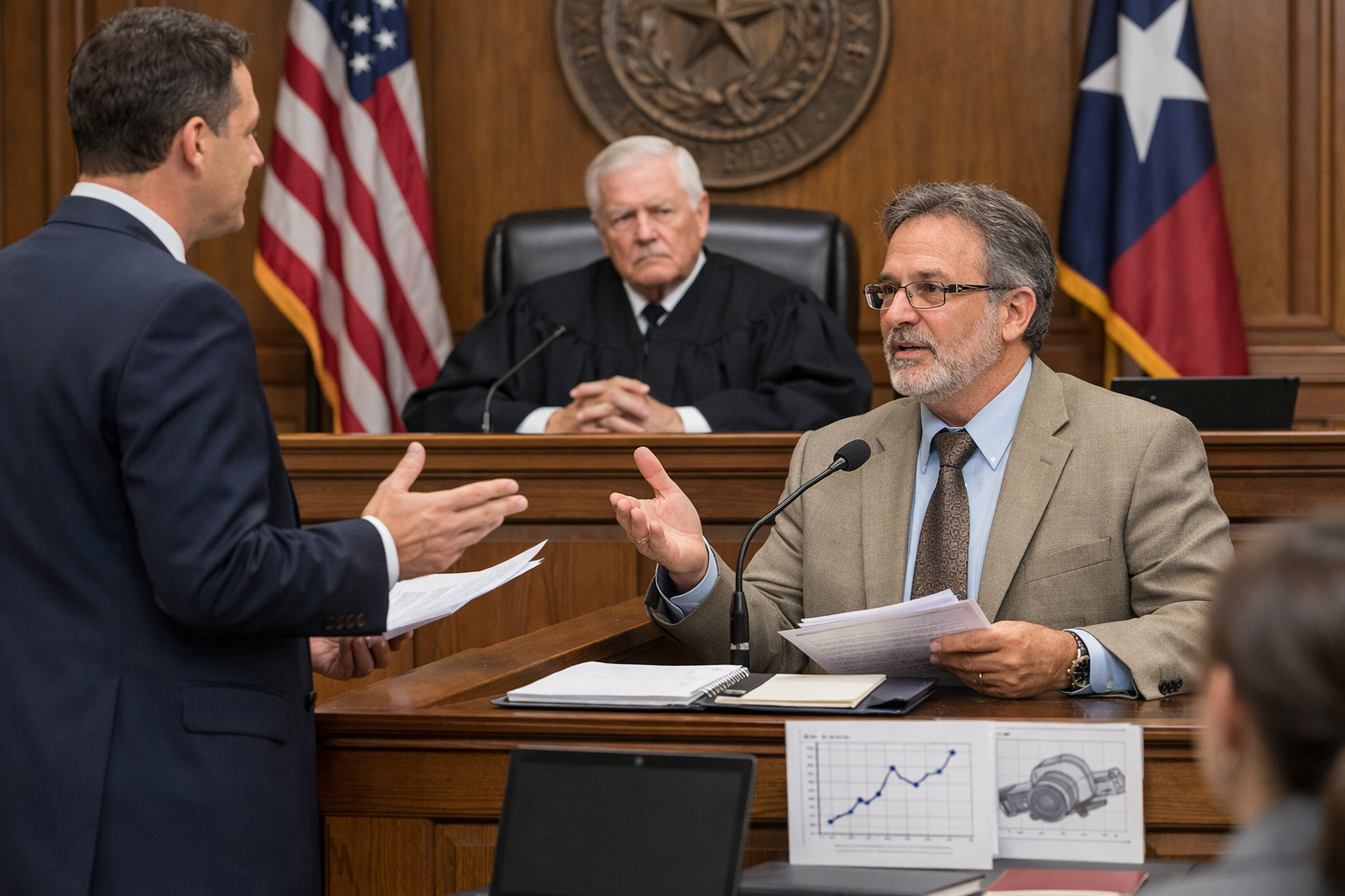 A Texas courtroom scene showing an attorney challenging an expert witness on the stand while a judge evaluates admissibility under evidentiary rules.
