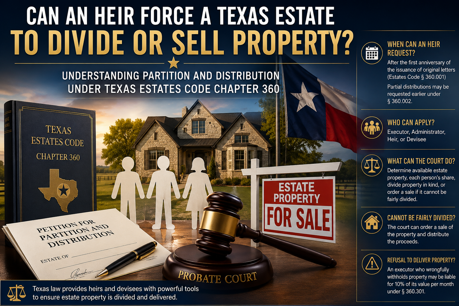 Texas probate infographic showing heirs, inherited real estate, a probate court gavel, Texas Estates Code Chapter 360, and an estate property for-sale sign, illustrating an heir’s right to seek partition, distribution, or sale of estate property in Texas.
