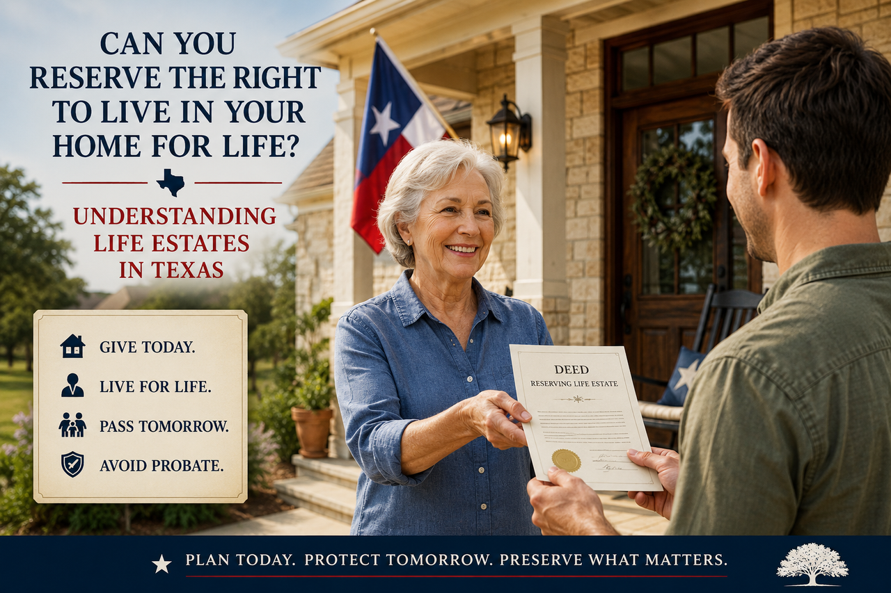 An older Texas homeowner stands on the front porch of a stone home while handing a deed reserving a life estate to an adult child. A Texas flag waves in the background, and the image includes the title "Can You Reserve the Right to Live in Your Home for Life? Understanding Life Estates in Texas," along with icons highlighting the benefits of a life estate: transfer ownership today, retain the right to live in the home for life, pass property to the next generation, and avoid probate.