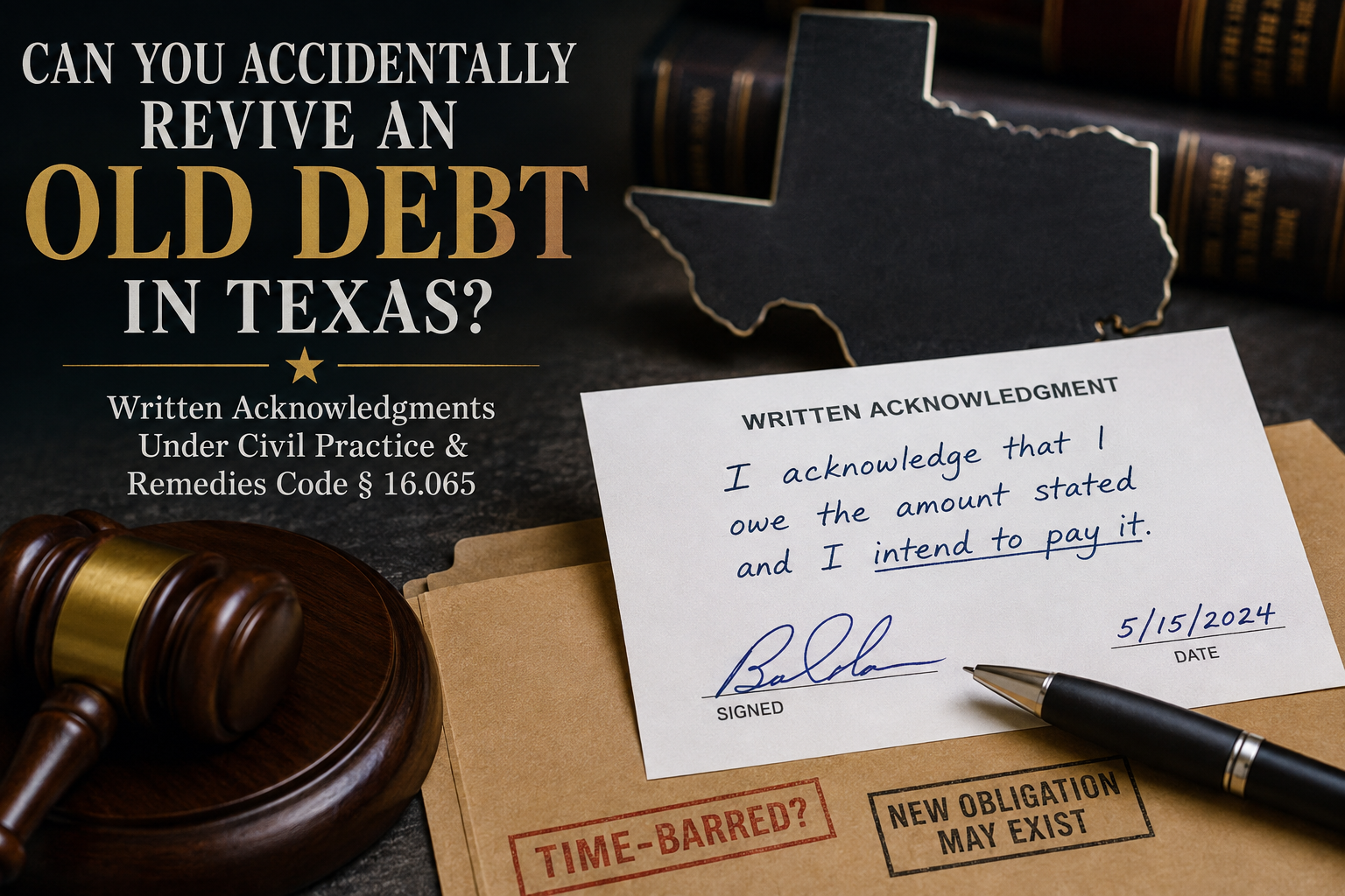 Texas legal graphic showing a signed written acknowledgment of an old debt beside a gavel and Texas silhouette, illustrating how a written promise may revive a time-barred debt under Texas Civil Practice & Remedies Code § 16.065.