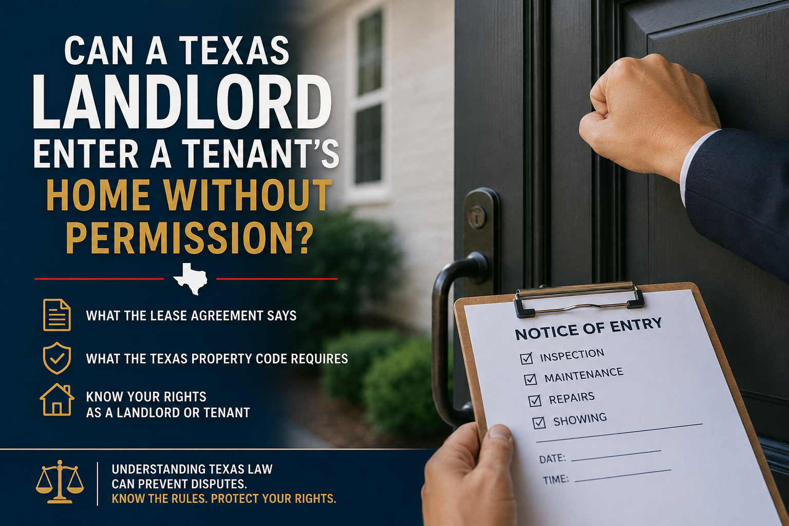 A professional legal blog graphic illustrating Texas landlord entry rights. A landlord's hand is shown knocking on the front door of a residential rental property while holding a clipboard labeled "Notice of Entry" with inspection, maintenance, repairs, and showing listed as reasons for entry. Large text asks, "Can a Texas Landlord Enter a Tenant's Home Without Permission?"