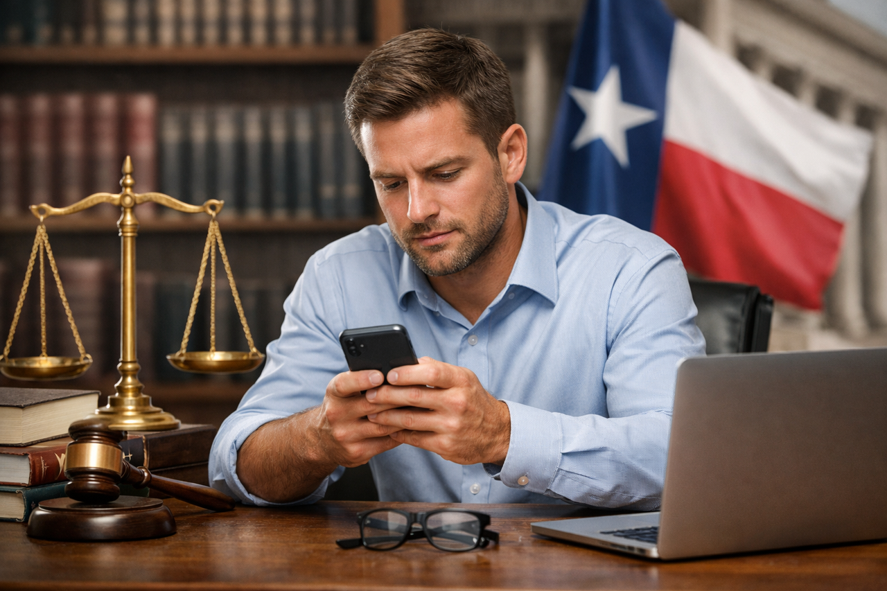 Texas employee reviewing private phone messages at desk with legal scales and smartphone, representing workplace privacy rights and employer monitoring laws