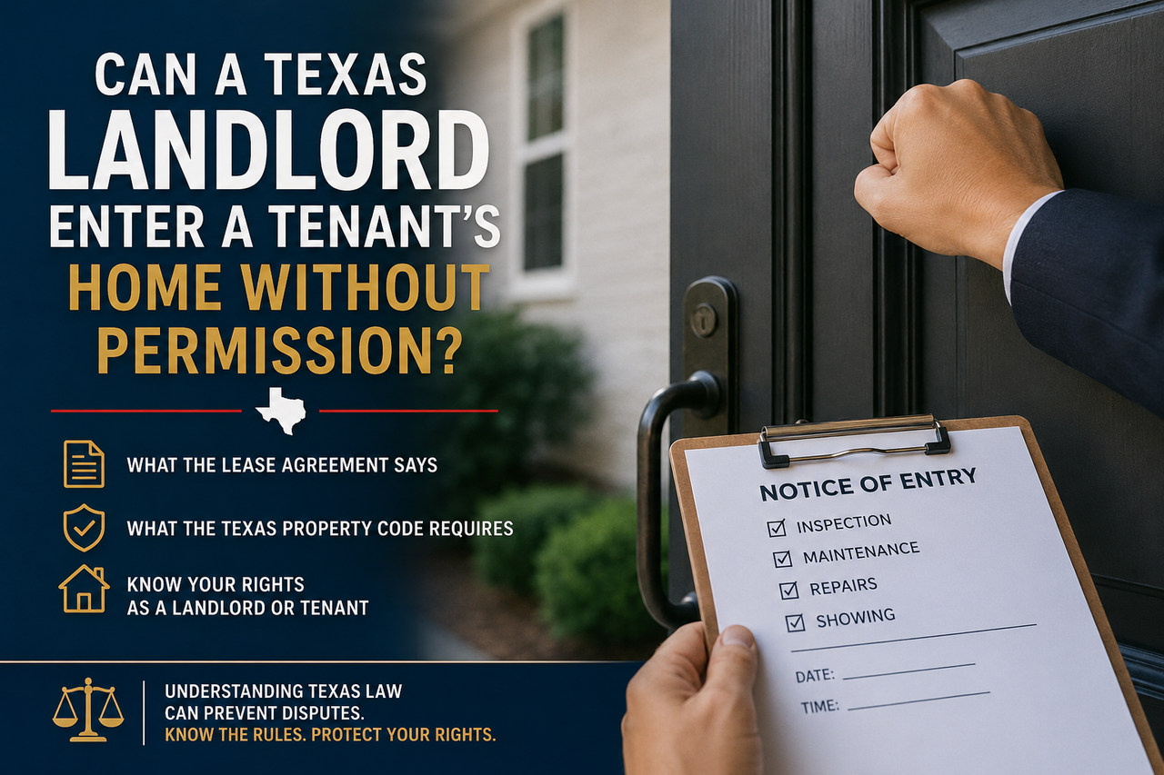 A professional legal blog graphic illustrating Texas landlord entry rights. A landlord's hand is shown knocking on the front door of a residential rental property while holding a clipboard labeled "Notice of Entry" with inspection, maintenance, repairs, and showing listed as reasons for entry. Large text asks, "Can a Texas Landlord Enter a Tenant's Home Without Permission?"