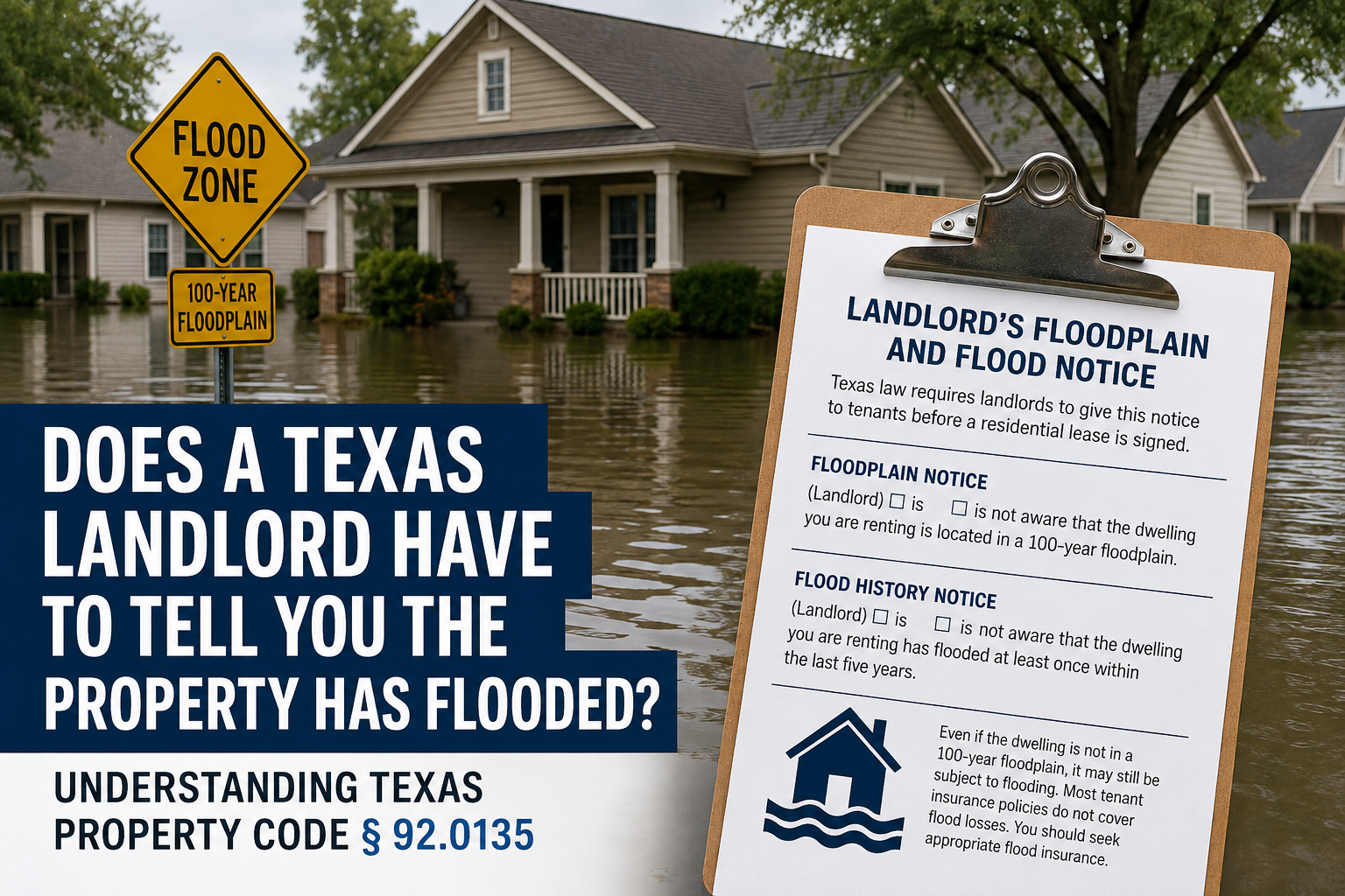 Flooded Texas rental home with flood zone sign and landlord flood disclosure notice under Texas Property Code § 92.0135.
