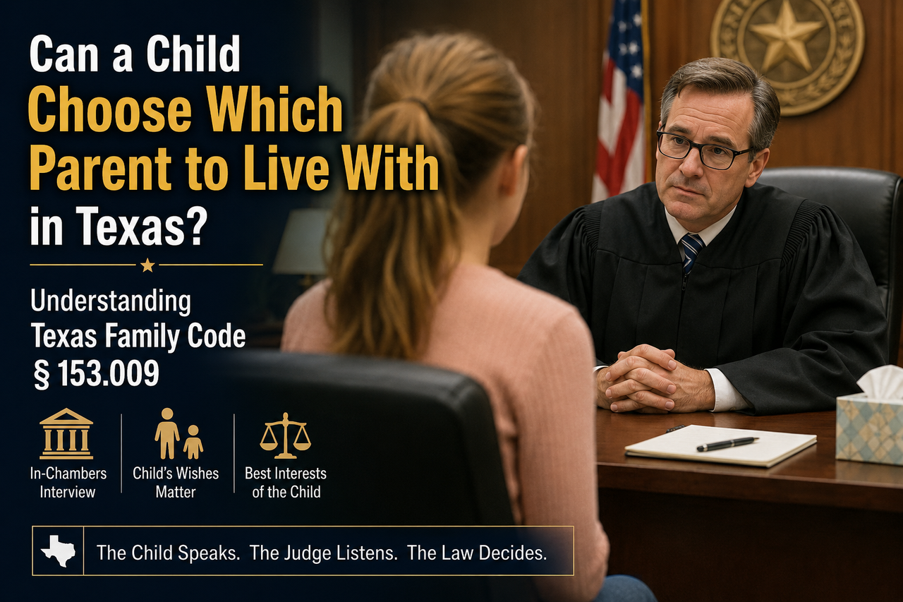 A professional legal blog graphic depicting a Texas family court judge speaking privately with a child during an in-chambers interview. Bold headline text reads, "Can a Child Choose Which Parent to Live With in Texas? Understanding Texas Family Code § 153.009." Supporting icons emphasize the in-chambers interview, the child's wishes, and the best-interests-of-the-child standard. Design conveys that while child's opinion matters in Texas custody cases, the judge makes the final decision