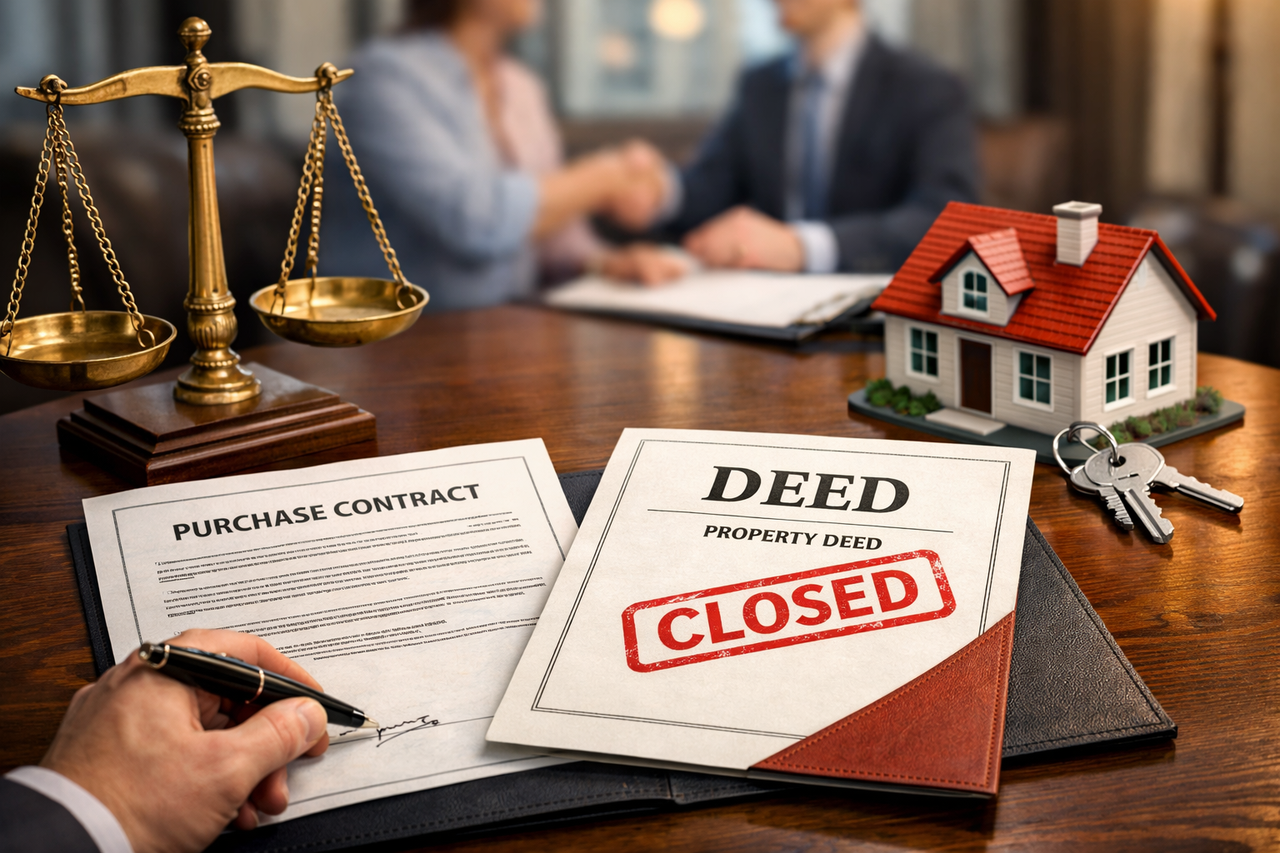 Illustration of a Texas real estate closing showing a property deed document replacing a purchase contract, symbolizing the legal doctrine of merger by deed where contractual rights merge into the final deed after closing.
