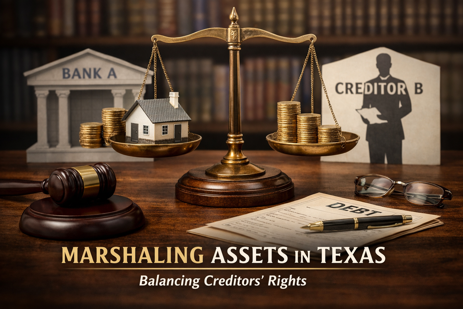 A courtroom-themed image showing balanced scales of justice with a house and coins on one side and stacked coins on the other, positioned between “Bank A” and “Creditor B,” illustrating the doctrine of marshaling assets and equitable distribution of collateral in Texas law.
